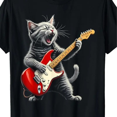 Men's retro rock star cat t-shirt – vintage music tee with red guitar graphic, soft cotton, short sleeve crew neck
