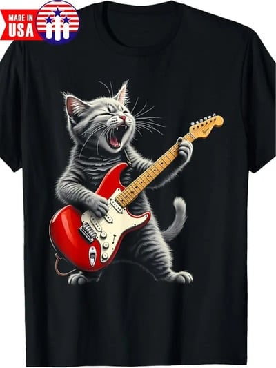 Men's Retro Rock Star Cat T-Shirt – Vintage Music Tee with Red Guitar Graphic, Soft Cotton, Short Sleeve Crew Neck 