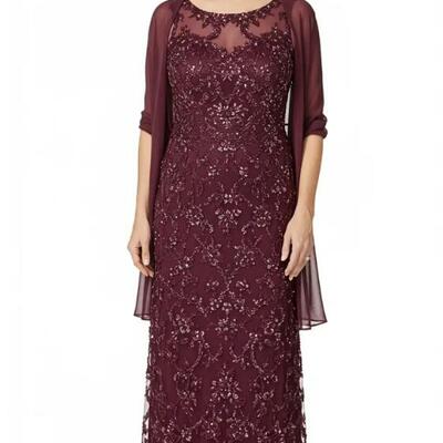 Wine red sheath sequins lace mother of bride/groom dress evening formal gown