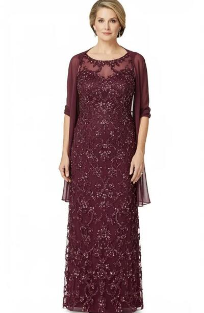 Wine Red Sheath Sequins Lace Mother of Bride/Groom Dress Evening Formal Gown