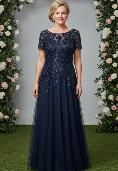 Elegant Navy Blue Sequins Appliques Mother Of The Bride Dresses Formal Evening Dress