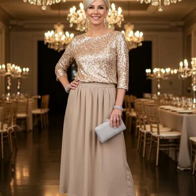 Two pieces champagne tea-length sequins mother of bride/groom dress evening formal gown