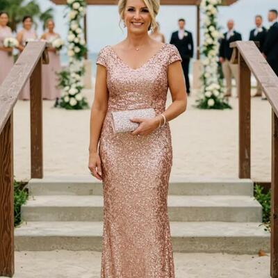 Champagne sheath sequins lace mother of bride/groom dress evening formal gown