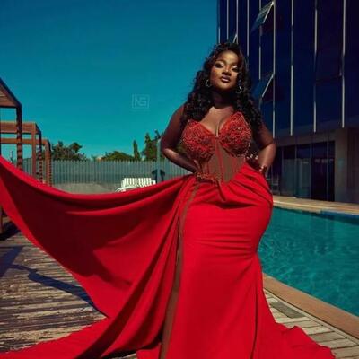 Red mermaid sexy prom dresses beaded lace high split evening formal party second reception gowns dress - Thumbnail 1