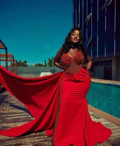 Red Mermaid Sexy Prom Dresses Beaded Lace High Split Evening Formal Party Second Reception Gowns Dress