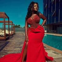 Red Mermaid Sexy Prom Dresses Beaded Lace High Split Evening Formal Party Second Reception Gowns Dress - Thumbnail 4