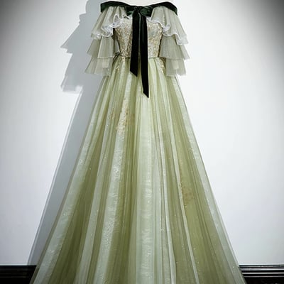 Green tulle sequins long prom party dress - Thumbnail 1