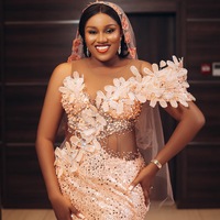 Plus Size Champagne Mermaid Prom Dresses For Special Occasion Florals Beaded Evening Formal Party Second Reception Birthday Engagement Dress - Thumbnail 1