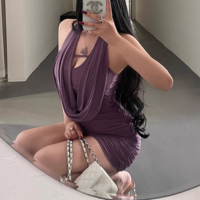 Swing Neck Mesh Halter Neck Hip-wrapped Short Skirt Dress - Thumbnail 3