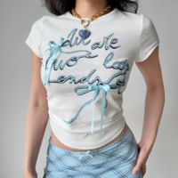 White straight shoulder short-sleeved T-shirt with bow - Thumbnail 2