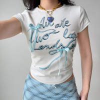 White straight shoulder short-sleeved T-shirt with bow - Thumbnail 3