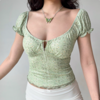 Sexy hollow floral T-shirt women's summer puff sleeve U-neck top - Thumbnail 2