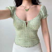 Sexy hollow floral T-shirt women's summer puff sleeve U-neck top - Thumbnail 3