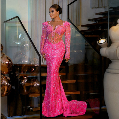 Fuchsia prom dresses for black women promdress evening dresses elegant illusion long sleeves beaded lace sparkling birthday dress