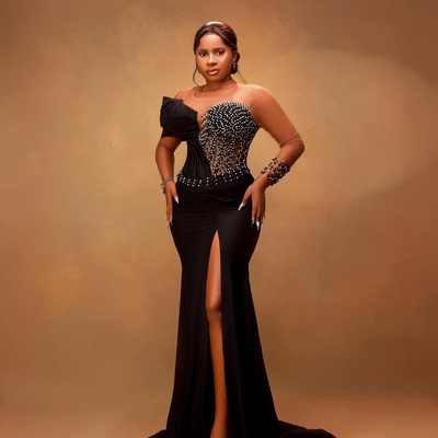 Black prom dresses for black women illusion mermaid evening formal gowns long sleeves beaded rhinestones birthday party dress - Thumbnail 3