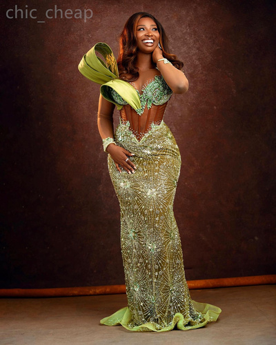 Green Illusion Mermaid Prom Dress For Black Women Evening Formal Party Second Reception 50th Birthday Engagement Gowns Dresses