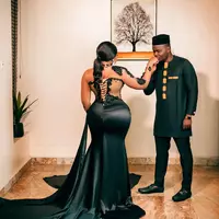 Plus Size Prom Dresses for Afrcian Women Illusion Evening Dresses Elegant Long Sleeves High Neck Appliqued Beaded Lace High Split Formal Dress - Thumbnail 1