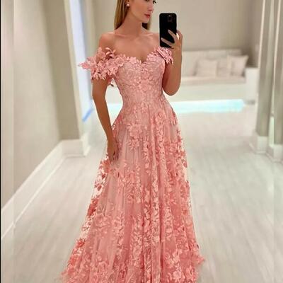 Pink lace a-line prom dresses floor length off the shoulder elegant long evening formal dress for women appliques sweetheart dress - Thumbnail 4
