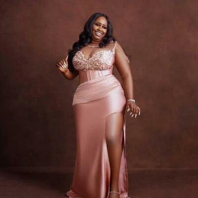 Plus size arabic aso ebi beade crystals sexy prom dresses sheer neck lace high split evening formal party second reception bridesmaid gowns - Thumbnail 1