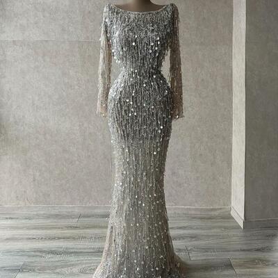 Luxury mermaid formal prom dresses with jewel long-sleeves evening dress chic tiered party gowns custom made sequined dress