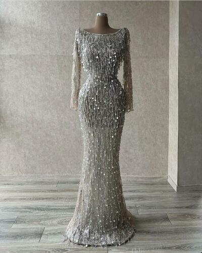 Luxury Mermaid Formal Prom Dresses With Jewel Long-sleeves Evening Dress Chic Tiered Party Gowns Custom Made Sequined Dress