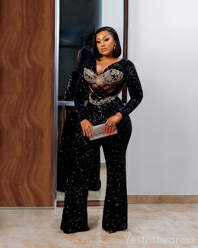 Plus Size Black Jumpsuits Prom Dresses for Special Occasions Evening Dresses Elegant Long Sleeves Sequined Lace Birthday Party Dress