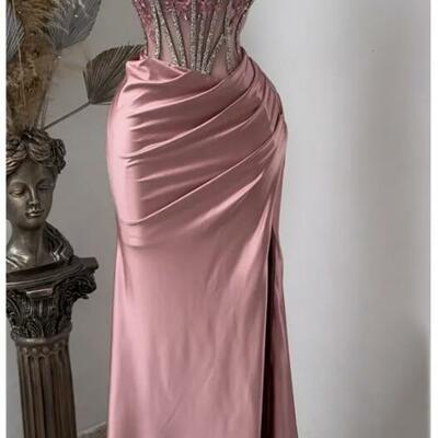 Pink mermaid prom dresses side split spaghetti straps sexy special ocn dress lace appliques crystals beaded illusion corset pageant dress - Thumbnail 4