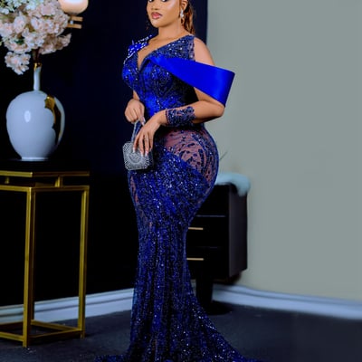 Royal blue aso ebi prom dresses sheer neck long sleeves mermaid beaded lace evening gowns formal gown illusion sweep train birthday dress - Thumbnail 2