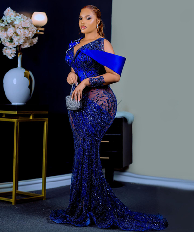 Royal Blue Aso Ebi Prom Dresses Sheer Neck Long Sleeves Mermaid Beaded Lace Evening Gowns Formal Gown Illusion Sweep Train Birthday Dress