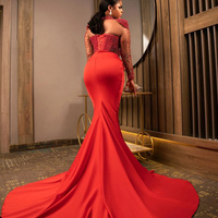 Plus Size Red Prom Dress Mermaid Evening Dresses Formal Gowns High Neck Long Sleeves Beaded Pearls Side Split 40TH Birthday Dress Second Dress - Thumbnail 1