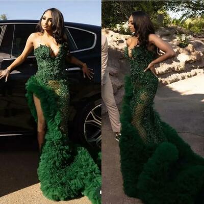 Sexy Side Split Dark Green Prom Dresses Appliques Lace Beaded Ruffles Long Pageant Special Occasion Gowns Sweetheart Sleeveless Evening Dress