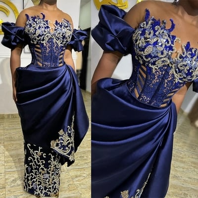 Prom dresses real photos off shoulder royal blue sheath lace beading african nigeria glitter evening dress second reception dress - Thumbnail 2