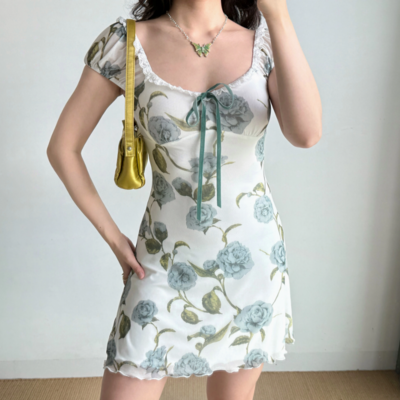U-neck printed dress women's summer slim a-line short skirt