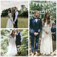 Boho Wedding Dresses Jewel Hollow Back Long Sleeve A Line Lace Floor Length Beach Country Bohemian Bridal Gowns，1957 - Thumbnail 1