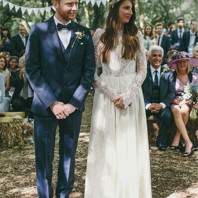 Boho wedding dresses jewel hollow back long sleeve a line lace floor length beach country bohemian bridal gowns，1957 - Thumbnail 1