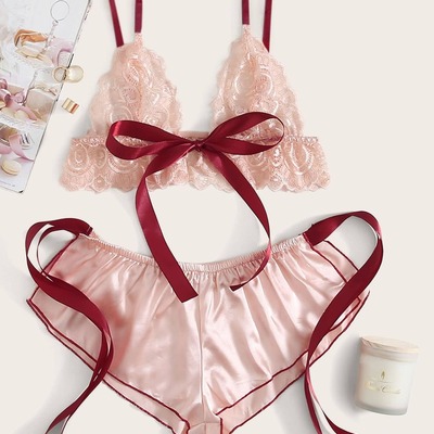 2 piece pajama sets lingerie solid color bow bandage bra and shorts sexy 