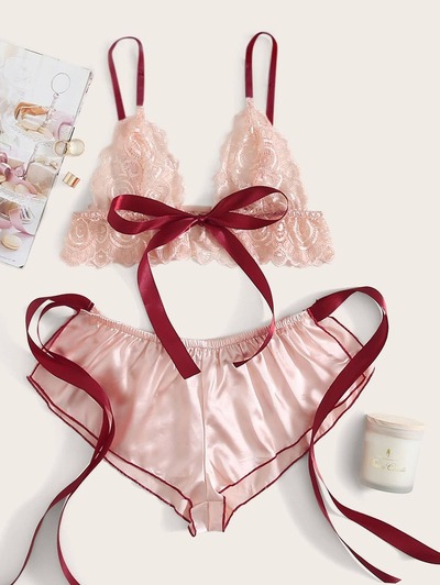 2 Piece Pajama Sets Lingerie Solid Color Bow Bandage Bra and Shorts Sexy 