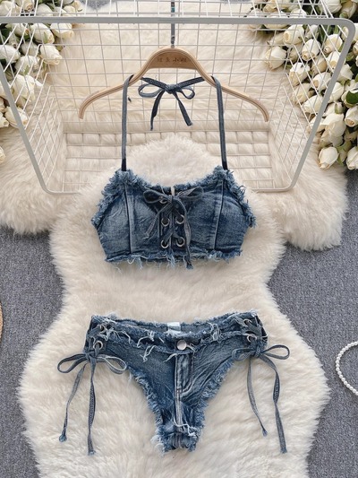 Women Sexy Denim Suits Bikini Set