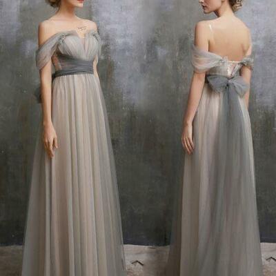 Cheap bridesmaid dress off-the-shoulder simple silver prom party gowns，1959