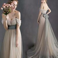 Cheap Bridesmaid Dress Off-the-shoulder Simple Silver Prom Party Gowns，1959 - Thumbnail 1