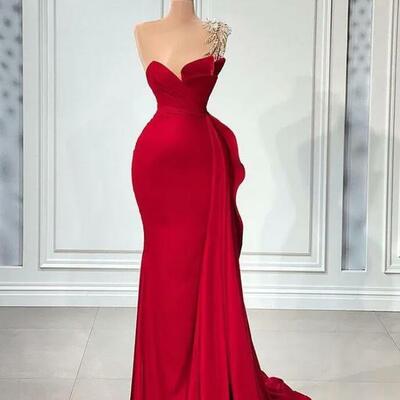 One shoulder mermaid sexy prom dresses arabic aso ebi red beaded crystals satin evening formal party second reception dress