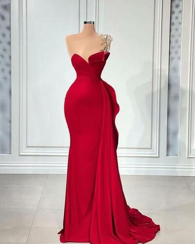 One Shoulder Mermaid Sexy Prom Dresses Arabic Aso Ebi Red Beaded Crystals Satin Evening Formal Party Second Reception Dress