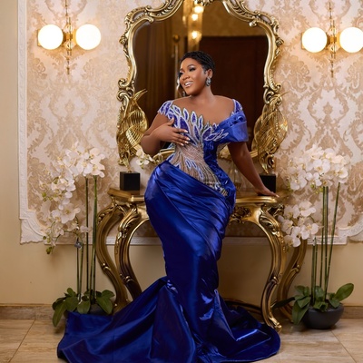 Mermaid royal blue prom dresses 2025 satin crystals beaded sheer neck evening formal party second birthday engagement gowns plus size dress - Thumbnail 3