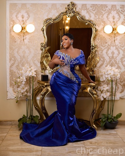 Mermaid Royal Blue Prom Dresses 2025 Satin Crystals Beaded Sheer Neck Evening Formal Party Second Birthday Engagement Gowns Plus Size Dress