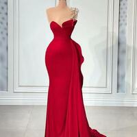 One Shoulder Mermaid Sexy Prom Dresses Arabic Aso Ebi Red Beaded Crystals Satin Evening Formal Party Second Reception Dress - Thumbnail 4