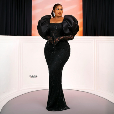 African Nigeria Plus Size Prom Dresses Black Mermaid Evening Dresses Long Sleeves Sheer Neck Lace Beaded Formal Birthday Dress for Black Women