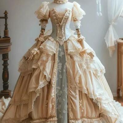 Vintage victorian prom dresses short sleeves ruffle tiered ball gown special occasion dress champagne and silver long princess evening gowns