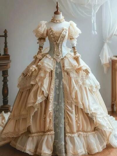 Vintage Victorian Prom Dresses Short Sleeves Ruffle Tiered Ball Gown Special Occasion Dress Champagne and Silver Long Princess Evening Gowns