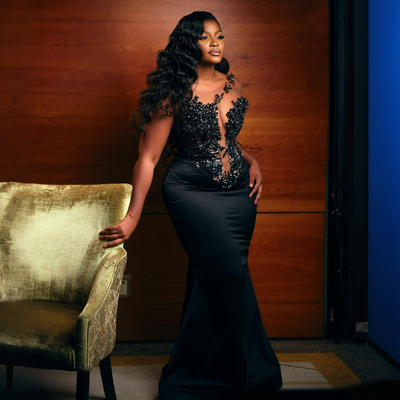 African plus size prom dresses for black women illusion mermaid evening dresses elegant beaded birthday gowns second reception gown