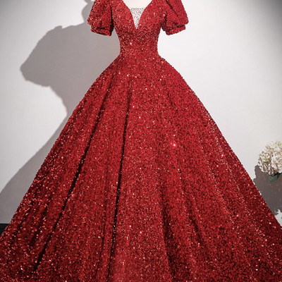 Red sequins long prom dress, a-line short sleeve formal dress - Thumbnail 1